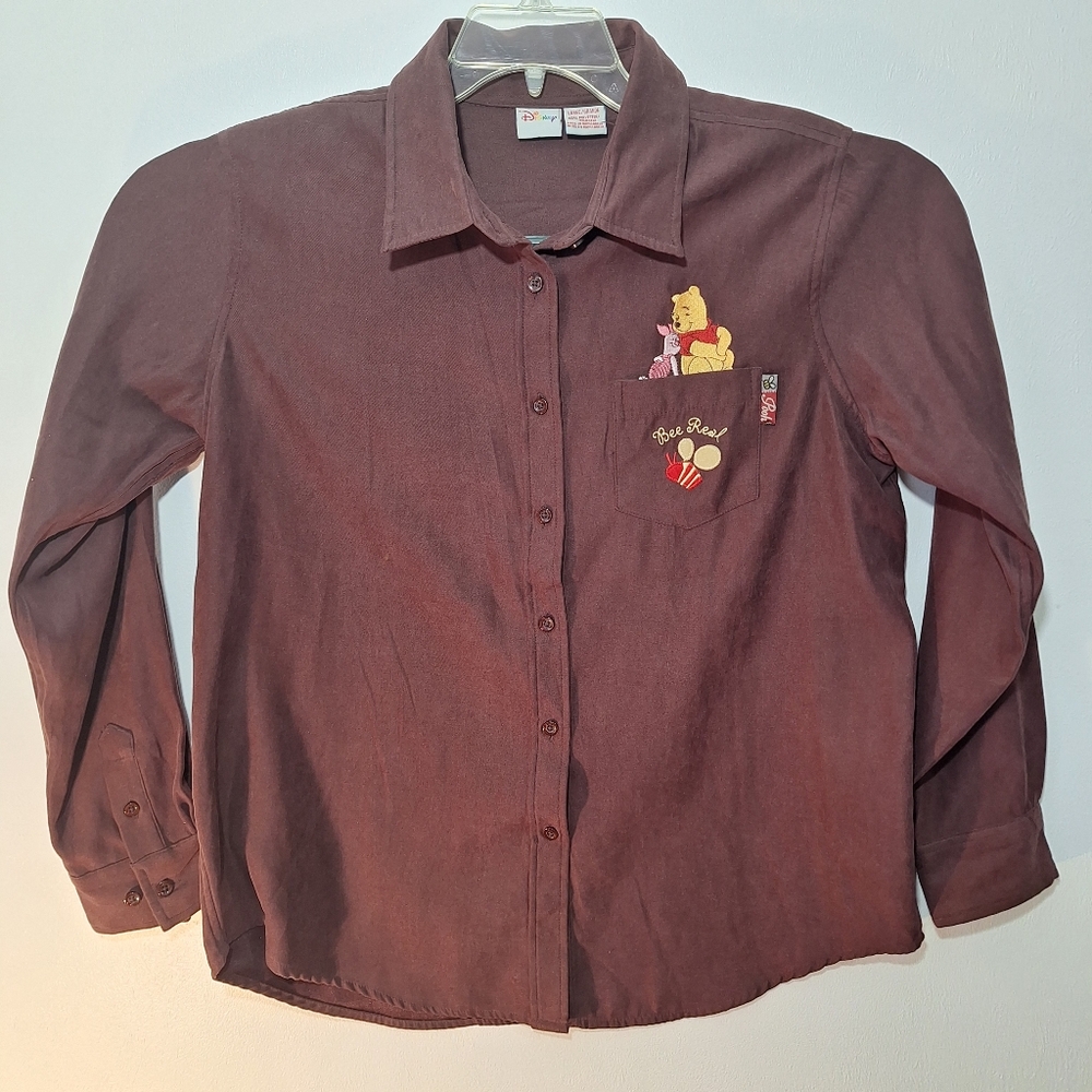 Disney Winnie The Pooh & Piglet Button Up Shirt Women's Large Bee Real Brown EUC